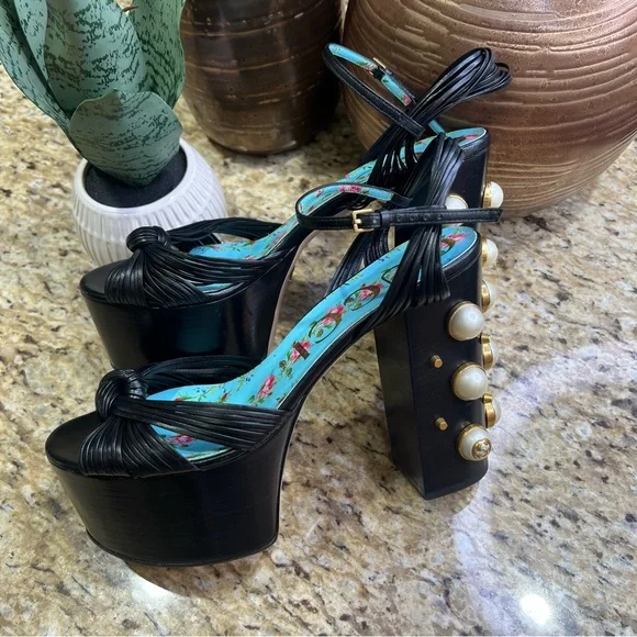 Gucci | Shoes | Gucci Black Leather Strappy Pearl Stud